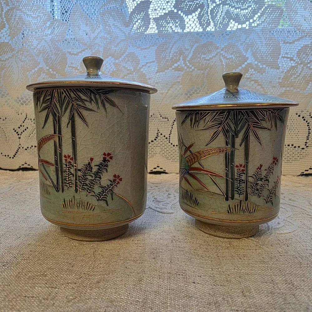 Kutani Japanese Tea Cups Set 2 Green Pheasant Bamboo Crackle Glaze Lidded Yunomi